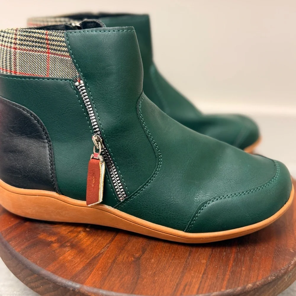 Green Black‎ Plaid Trim Faux Leather Ankle Boots Flat Side Zip Booties